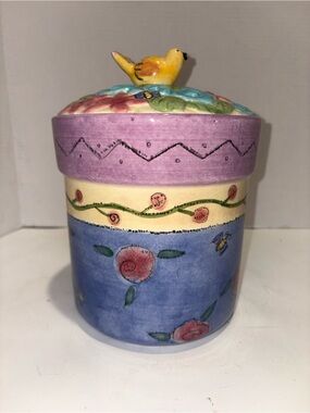 Sango -.Hand-Painted Floral Ceramic Jar with Yellow Bird Lid - Vintage